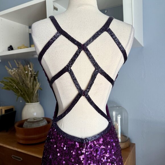 Primavera Couture 1853 Sequin Beaded Plum Gown Formal Dress Prom Long - Picture 9 of 12